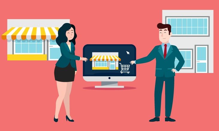 Une entreprise vendeuse et une entreprise acheteuse vont se serrer la main au dessus d'un ordinateur. 