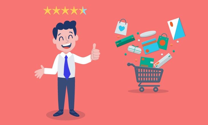 Un client heureux et un caddie représentant les achats sur internet.