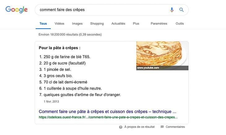 Featured snippet dans les résultats de recherche Google.