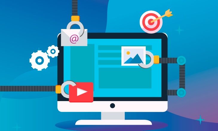 Illustration du marketing automation avec un ordinateur où plusieurs sources d'informations échangent entres elles : e-mail, ciblage, vidéo, etc.