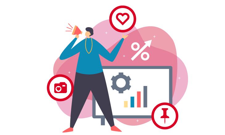 Visuel d'une personne autour de plusieurs icones du réseau social Pinterest (épingle, logo...)