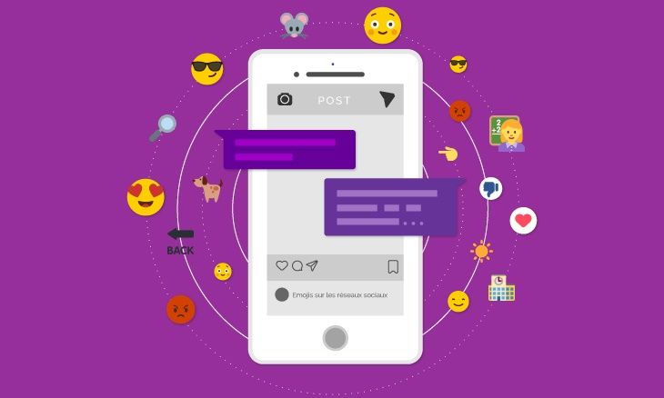 Smartphone entouré de différents emojis exprimant des émotions. 