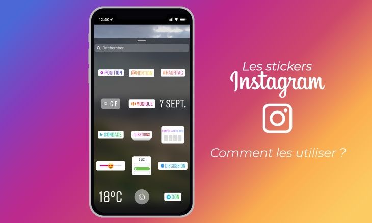 Stickers Instagram sur un smartphone sur un fond aux couleur d'Instagram.