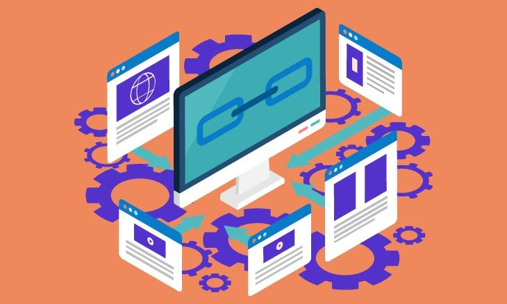 Ordinateur entouré de différentes pages web, mettant en valeur les liens entre elles. 